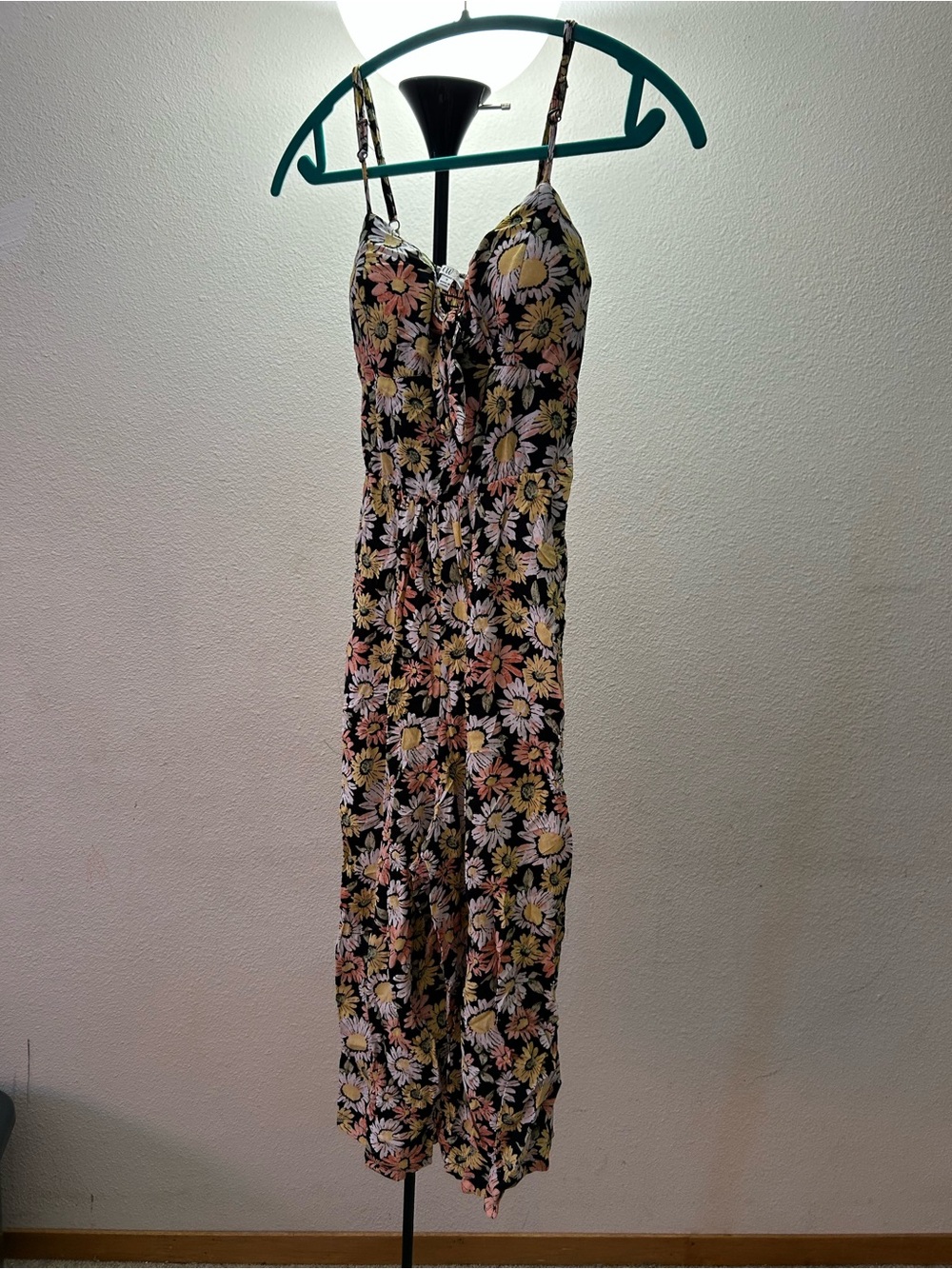 AUW Black Floral Tie-Front Jumpsuit with Pink & Yellow Daisies